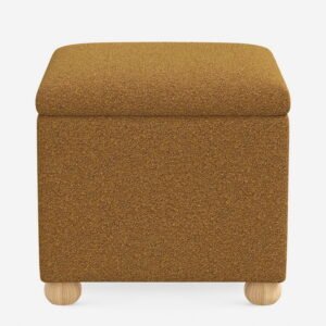 Teruier AO2326 Ochre Bouclé Cube Ottoman (42 × 42 × 45 cm) — Wood Ball Legs