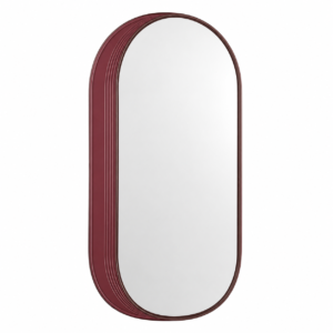 Burgundy asymmetrical wall mirror with offset crescent frame