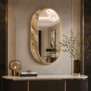 High-End Front Lifestyle Image,A refined statement mirror that brings natural luxury to upscale interiors.