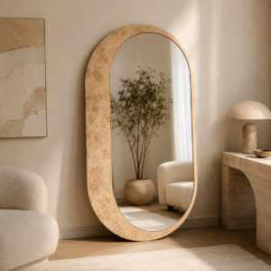 Large light burl full-length mirror for designer bedroom and premium home décor