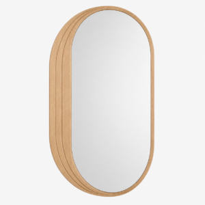 Natural oak asymmetrical wall mirror with sculptural crescent frame