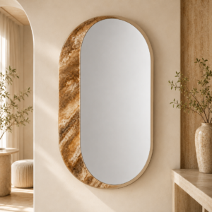 Warm marbled wall mirror for designer entryway and boutique hotel interior