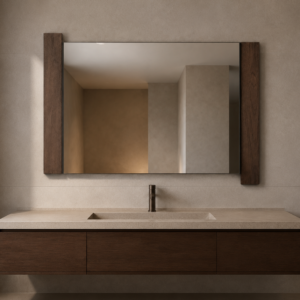 A refined walnut and black-nickel mirror composition for modern business-hotel and extended-stay bathrooms.