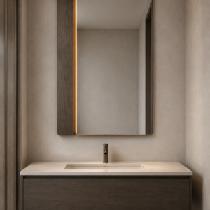 A space-efficient mirror solution for modern chain-hotel and serviced-apartment bathrooms.