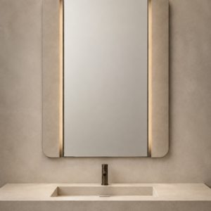 Designed for boutique hotel vanities, this mirror brings calm indirect light and a refined mineral finish to warm-neutral bathrooms.
