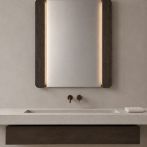 Installed above a single guestroom vanity, the mirror adds warm, low-glare side illumination to an upscale hotel bathroom.