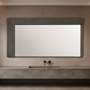 Installed above a suite console or horizontal vanity, the Offset Threshold Mirror creates a customized architectural focal point through unequal proportions.