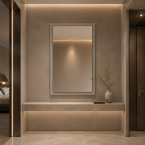 Installed in a contemporary hotel guestroom entrance, the Quiet Mineral Reveal Mirror coordinates naturally with stone, microcement, and warm neutral finishes.