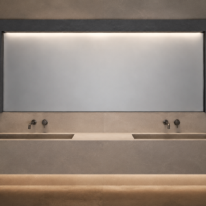 Mineral Lintel Portal Mirror installed above a premium double vanity in a hotel club or executive public wash area.
