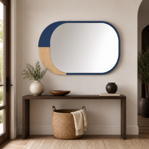 Navy and wood horizontal mirror above modern entryway console