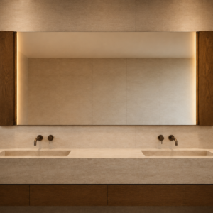 Oak Gallery Double-Vanity Mirror installed above a premium shared vanity for boutique-hotel suites and serviced-apartment master bathrooms.