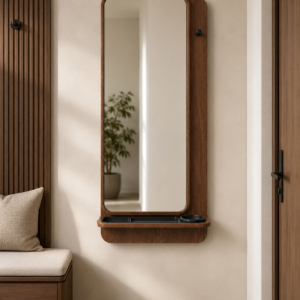 Styled in a modern entryway, the mirror combines reflection, storage, and everyday organization in one compact design.