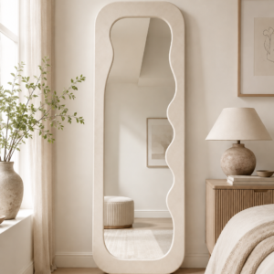 Styled in a warm interior, the mirror brings a soft, modern look to bedrooms, dressing areas, and lifestyle spaces.