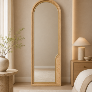 Styled interior hero shot showing the mirror’s warm natural finish and refined designer appeal in a modern living space.
