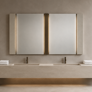The Shared Portal Dual-Vanity Mirror creates an organized architectural focal point above a premium hotel or private-club double vanity.
