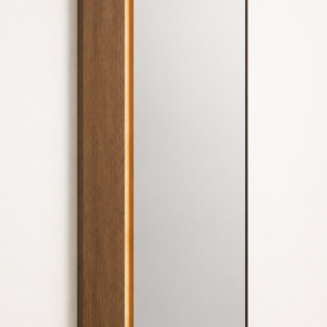 The left-front perspective shows the raised oak wing, 18 mm mirror recess, concealed light channel, bronze reveal, and fixed wall-mounted depth.