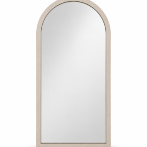 The straight-on view highlights the tall architectural arch, pale mineral portal, slim bronze inner reveal, and recessed silver mirror.
