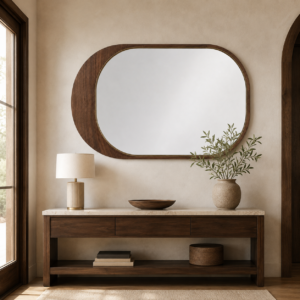 Walnut horizontal wall mirror in boutique hotel guest room