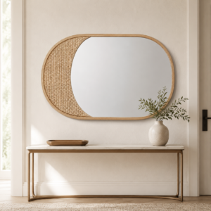 Woven horizontal entryway mirror above a natural wood console