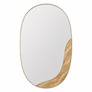 A clean front view highlighting the organic silhouette, generous mirror surface, and flowing natural marble accent.