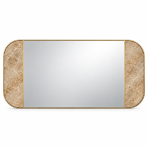 A clean frontal view highlighting the balanced horizontal silhouette, symmetrical natural marble end panels, and large central mirror surface.