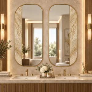 A refined bathroom setting demonstrating how the Aurelia Duet creates a balanced, high-end composition above a double vanity.