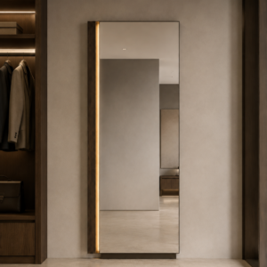 Installed beside a dark-walnut wardrobe, the fixed dressing mirror creates a refined architectural feature for a premium hotel suite or serviced apartment.