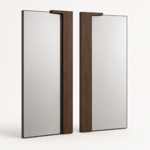 The left-front perspective highlights the mirrored orientation, shallow recessed mirror planes, slim 42 mm profiles, and inward-facing walnut structures.