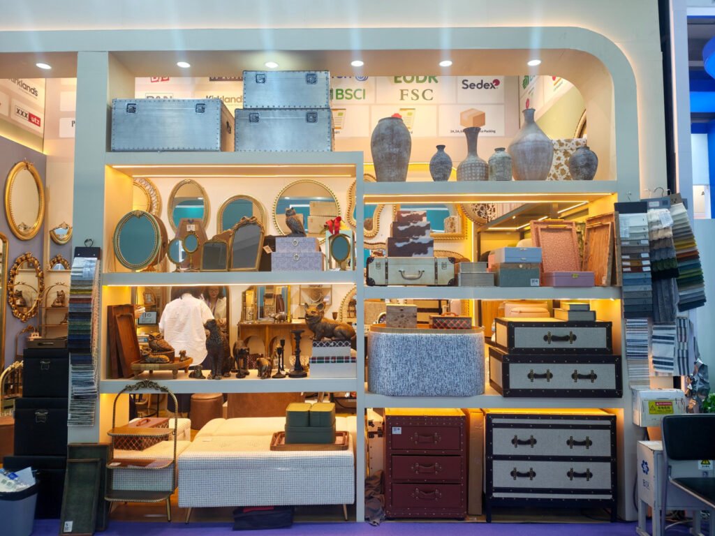 Decorative storage trunks, boxes, vases and other home accessories displayed at Teruier 2026 Autumn Canton Fair booth.