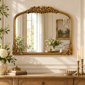 Antique Gold Floral Mirror Styled in an Elegant European-Inspired Living Space.
