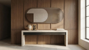 Architectural wall mirror for hotel project procurement with coordinated mineral finish and console furniture
