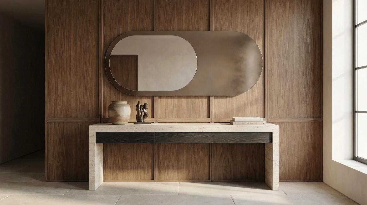 Architectural wall mirror for hotel project procurement with coordinated mineral finish and console furniture
