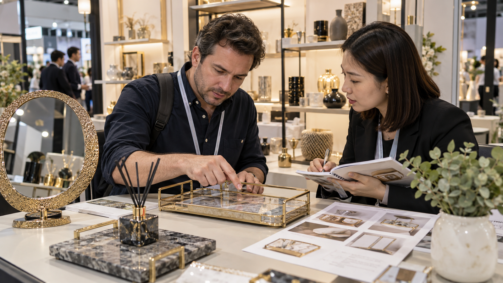 Canton Fair buyer meetings with a home décor supplier reviewing product samples and specifications