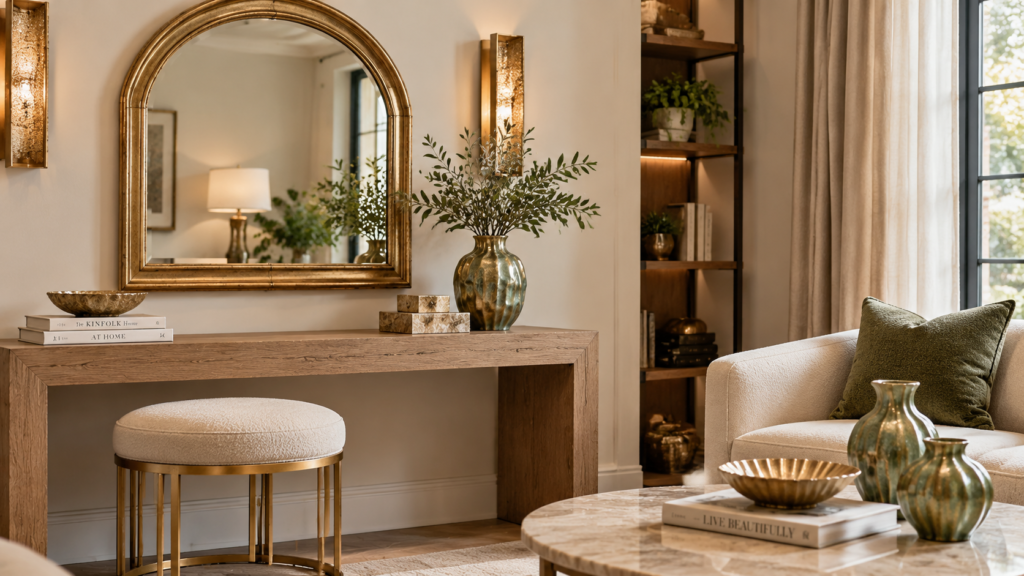 Coordinated home décor finishes featuring a vintage gold mirror, upholstered accent furniture and metallic ceramic vase