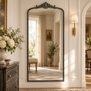 Dark Antique Ornate Crest Tall Mirror in an Elegant Traditional European Entryway