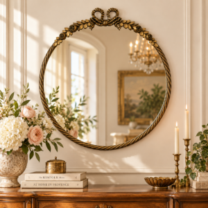 Antique Brass Bow & Rose Round Mirror