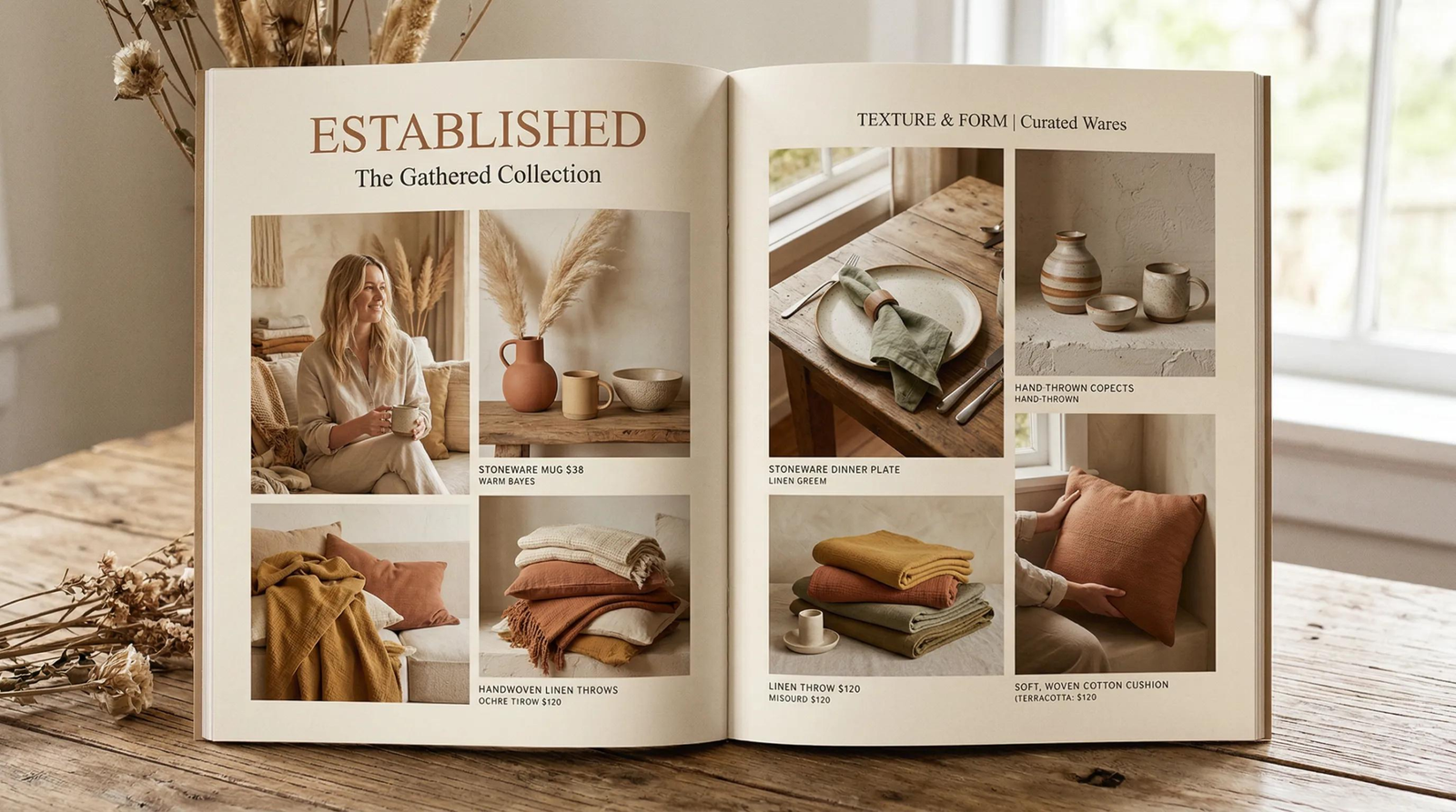 Teruier wholesale home décor catalogs displayed with physical mirror, ottoman, and tabletop décor samples for buyer review.
