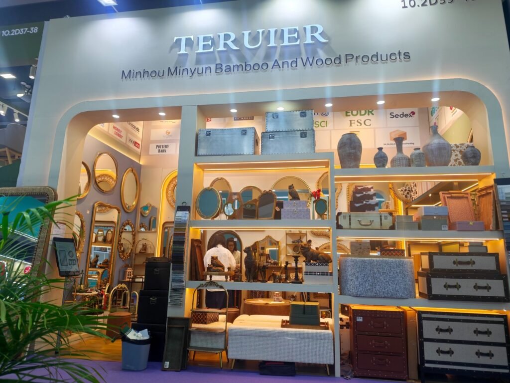 Teruier's 2026 Autumn Canton Fair booth displaying wholesale decorative mirrors, upholstered ottomans, storage boxes and home accessories.