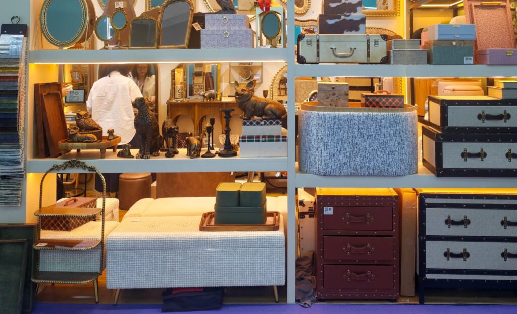 Teruier 2026 Canton Fair display with upholstered accent furniture alongside decorative storage boxes and home accessories.
