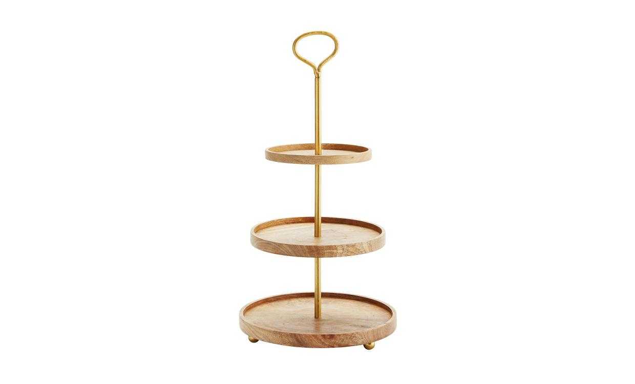 Three tier serving stand with wooden trays and metal center structure for wholesale product evaluation