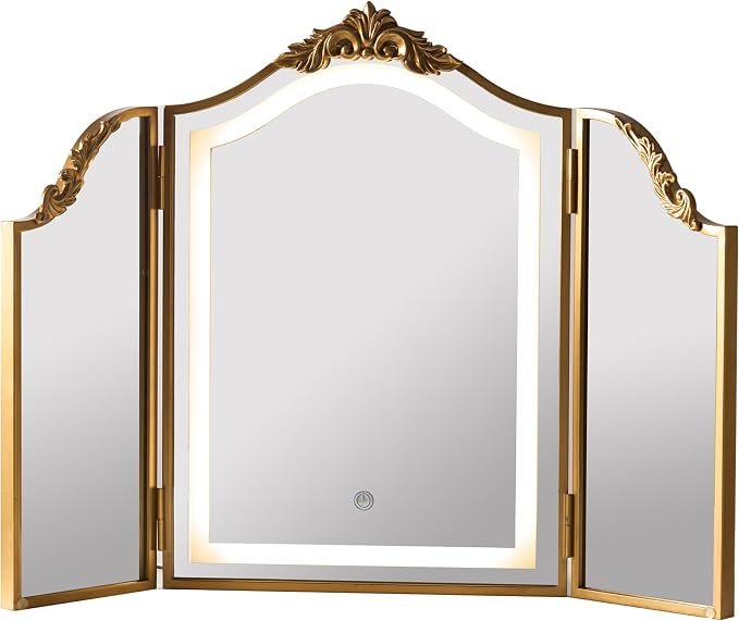Tri-fold LED vanity mirror design with adjustable side panels and integrated lighting for home décor development