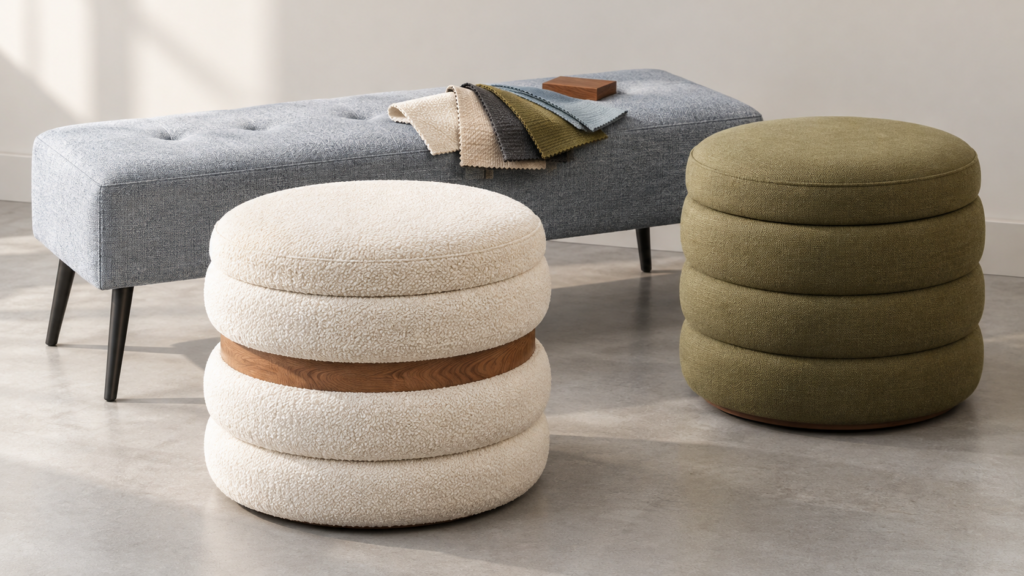 Upholstery swatches displayed alongside stools, benches, and storage ottomans during a Teruier showroom visit.